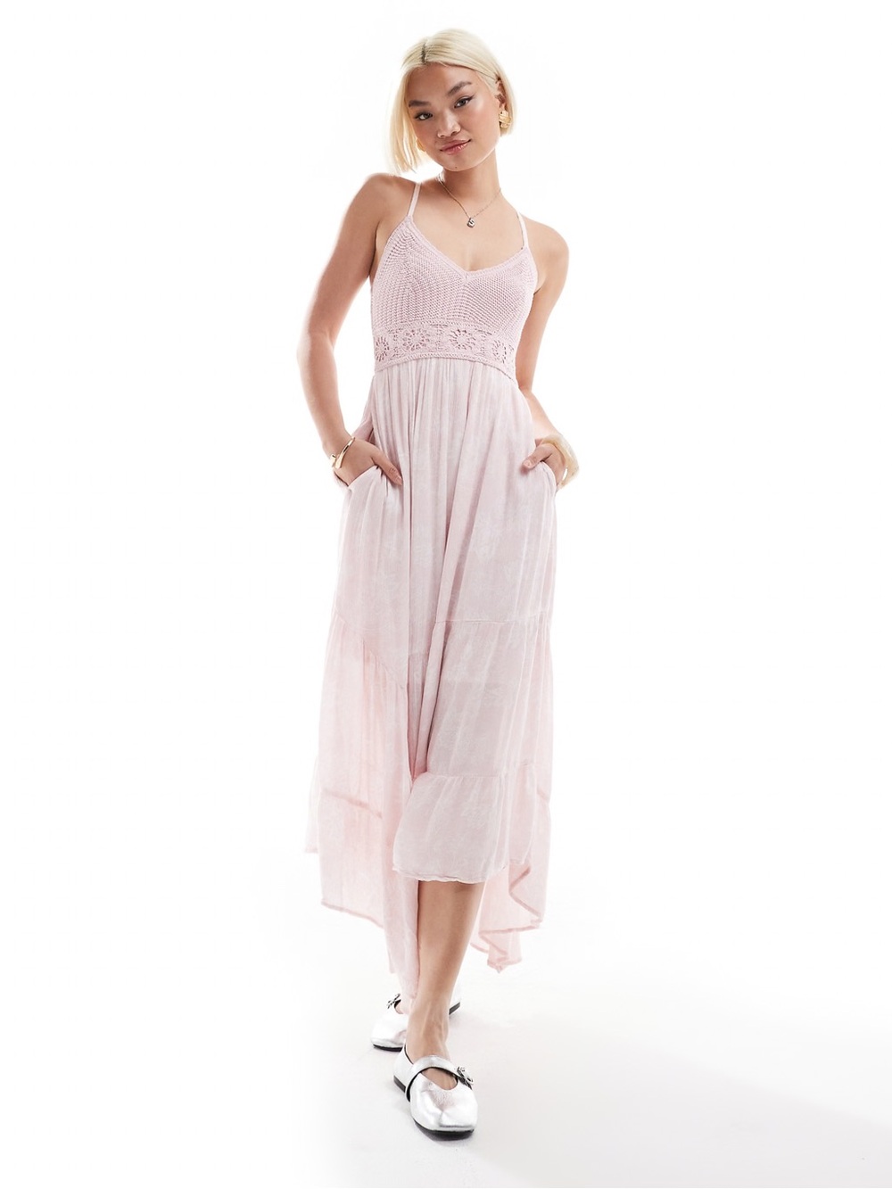 Hollister Crochet & Woven Maxi Dress with Handkerchief Hem (Pink Swirl, M)